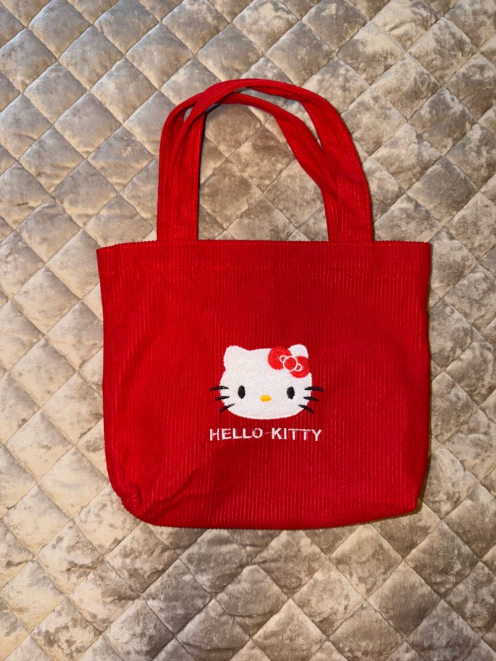 Hello Kitty Red Corduroy Handbag with Embroidered Face